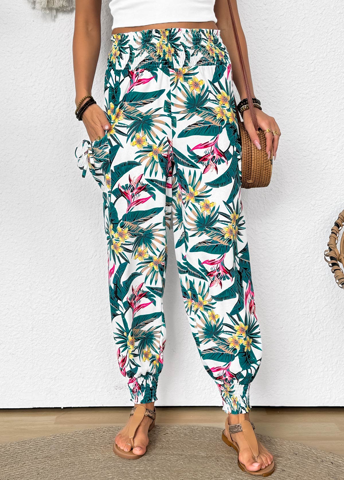 Tropical Plants Print Green Jogger Elastic Waist Pants