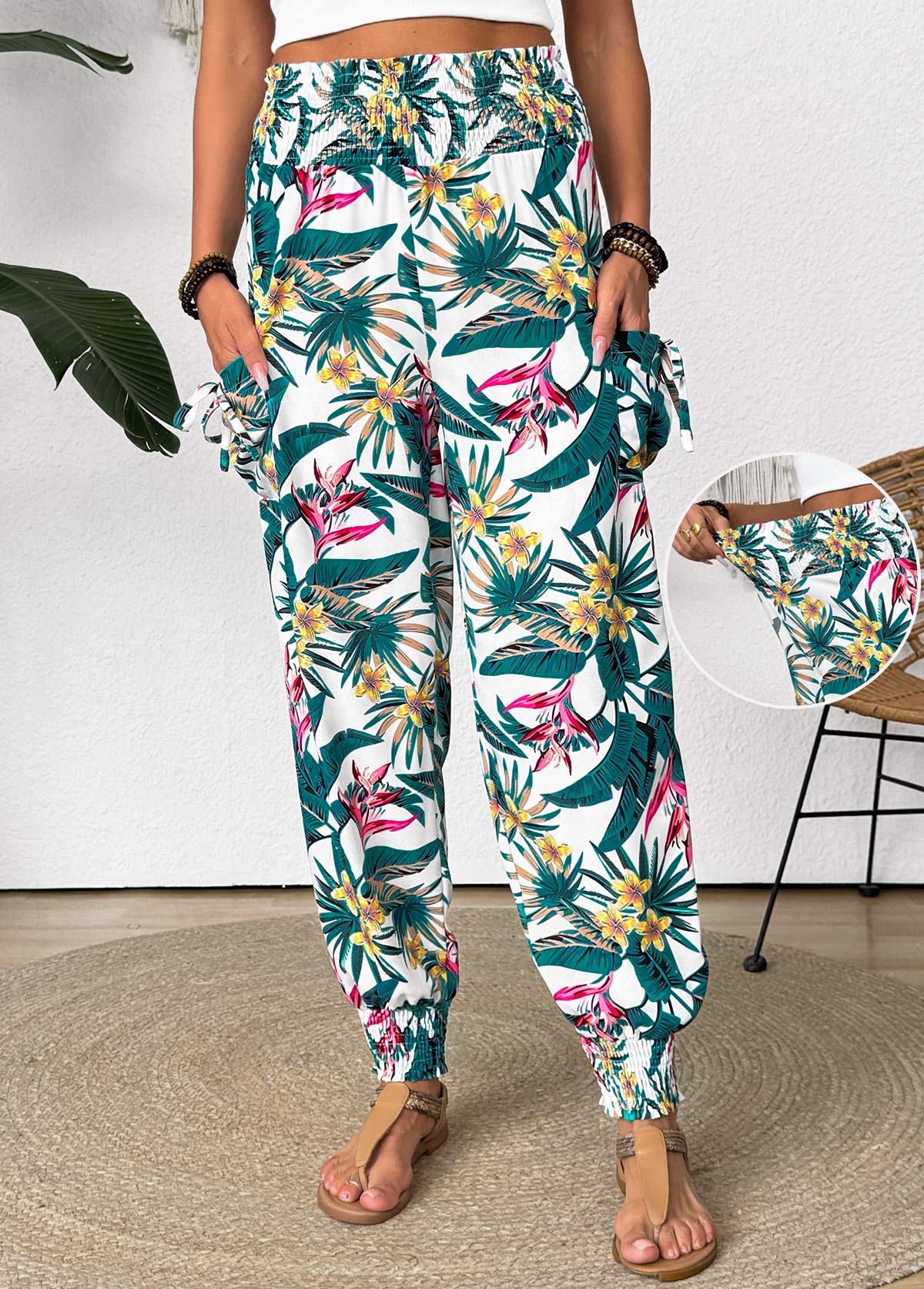 Tropical Plants Print Green Jogger Elastic Waist Pants