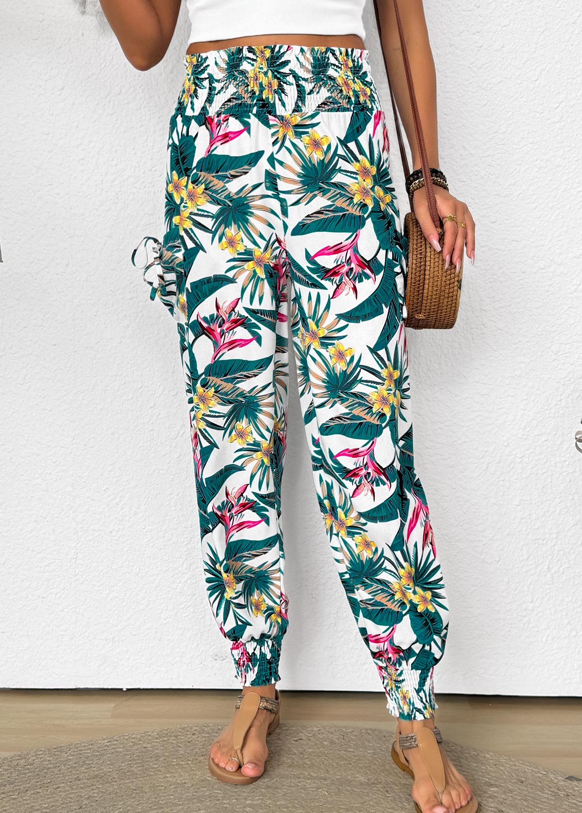 Tropical Plants Print Green Jogger Elastic Waist Pants