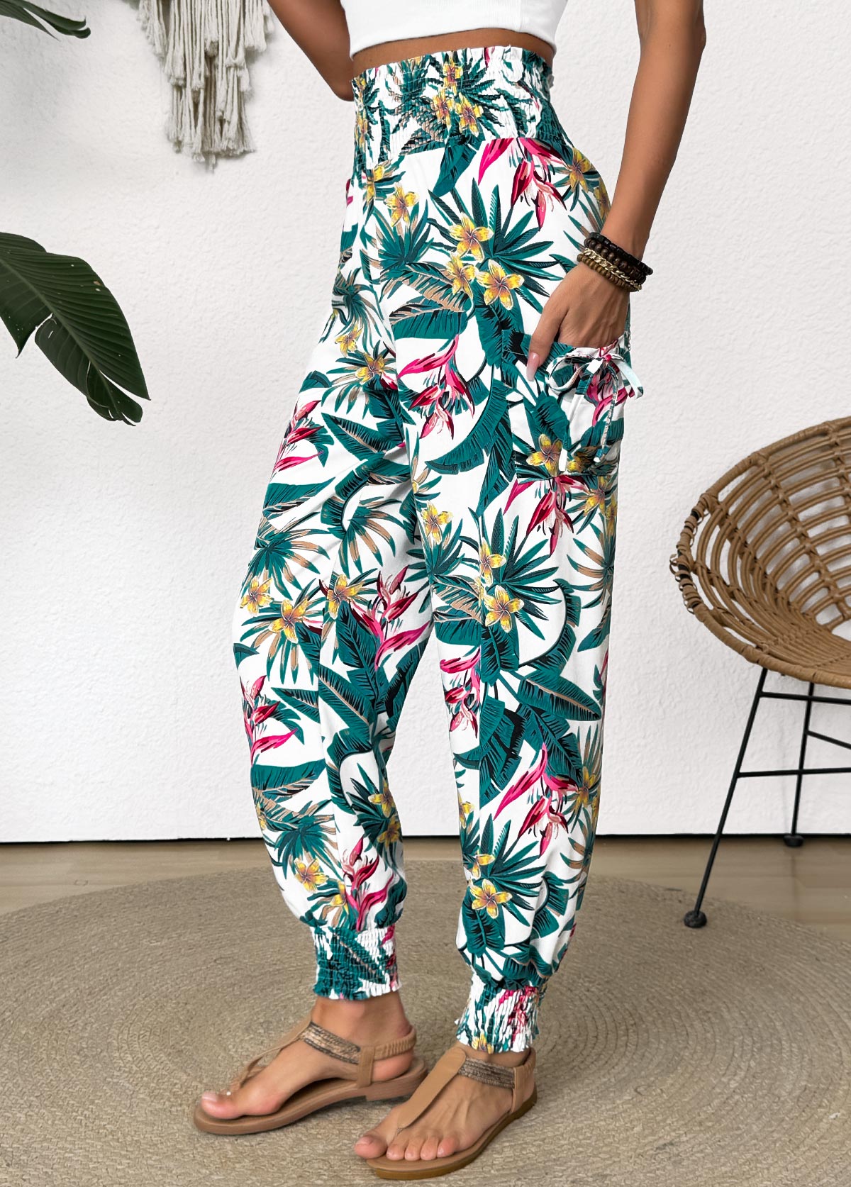 Tropical Plants Print Green Jogger Elastic Waist Pants