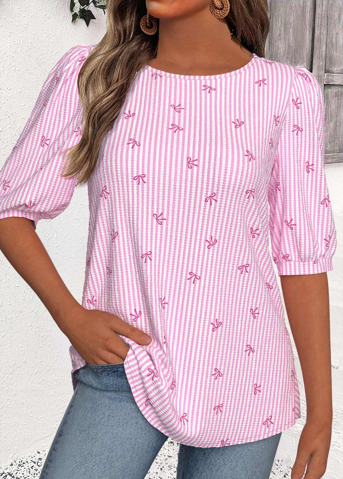 Striped Multi Color Half Sleeve Round Neck Blouse