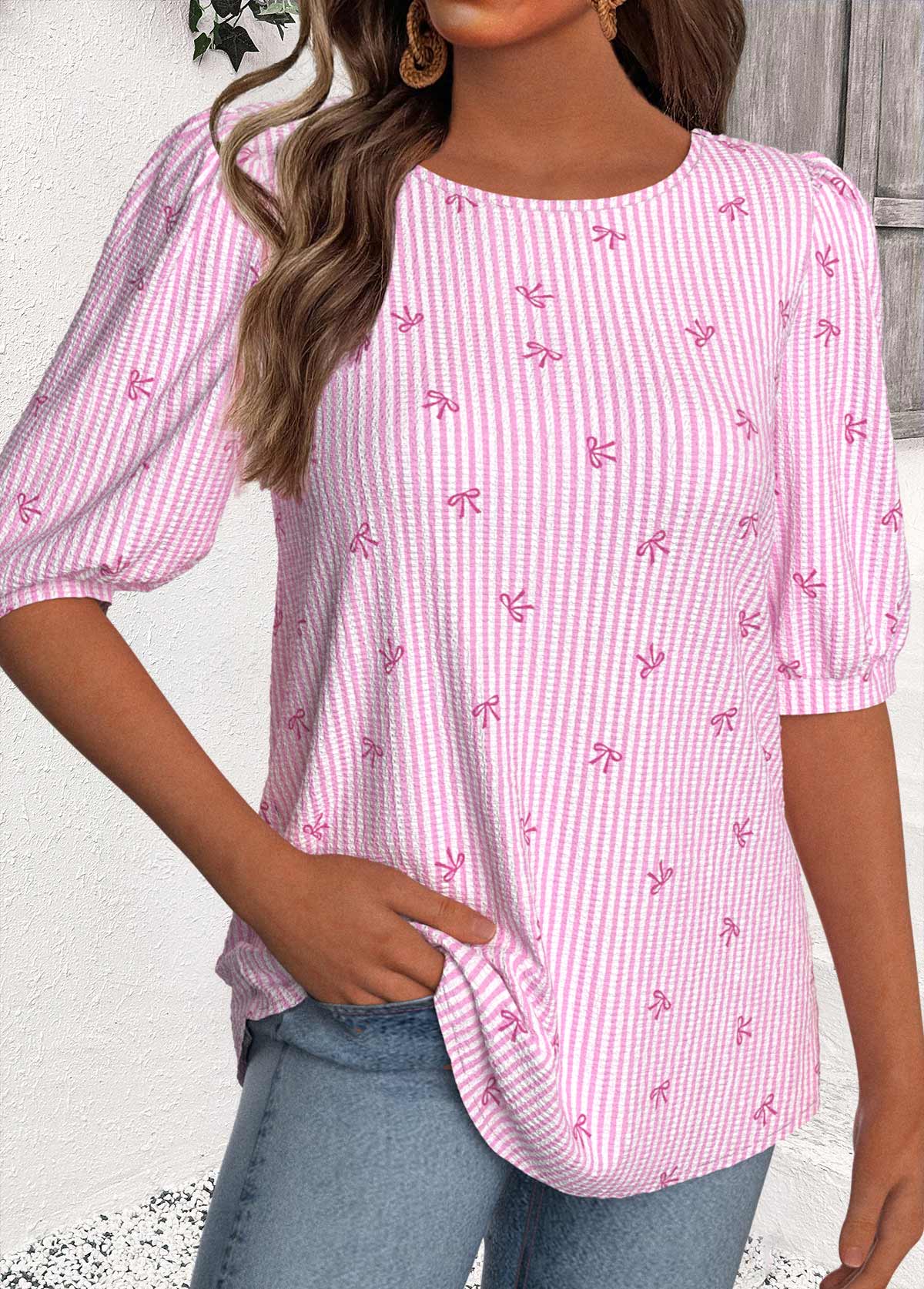 Striped Multi Color Half Sleeve Round Neck Blouse