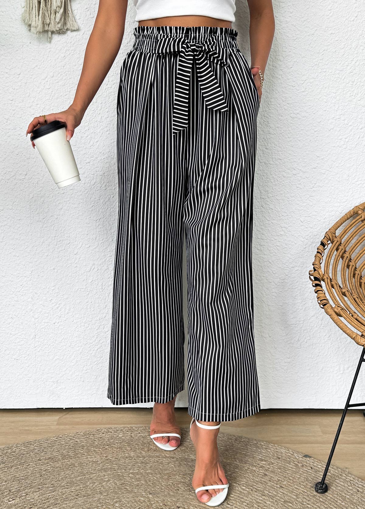 Striped Dark Grey Wide Leg Elastic Waist Pants