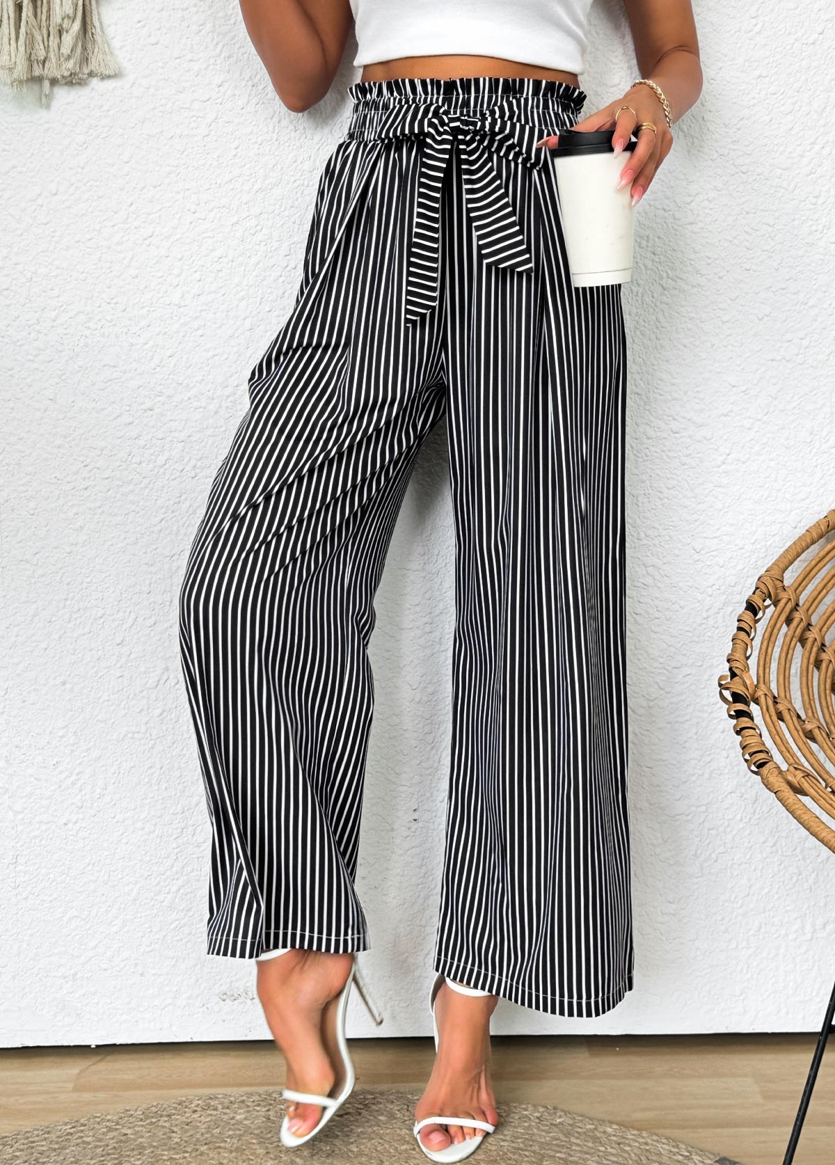 Striped Dark Grey Wide Leg Elastic Waist Pants