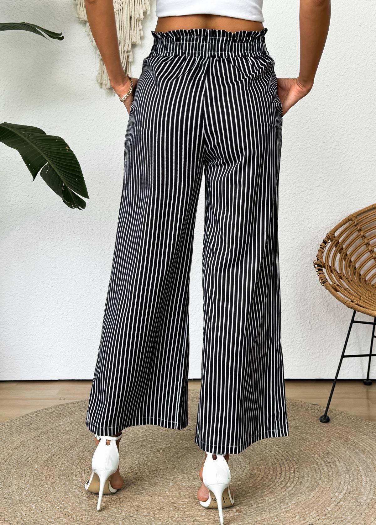 Striped Dark Grey Wide Leg Elastic Waist Pants