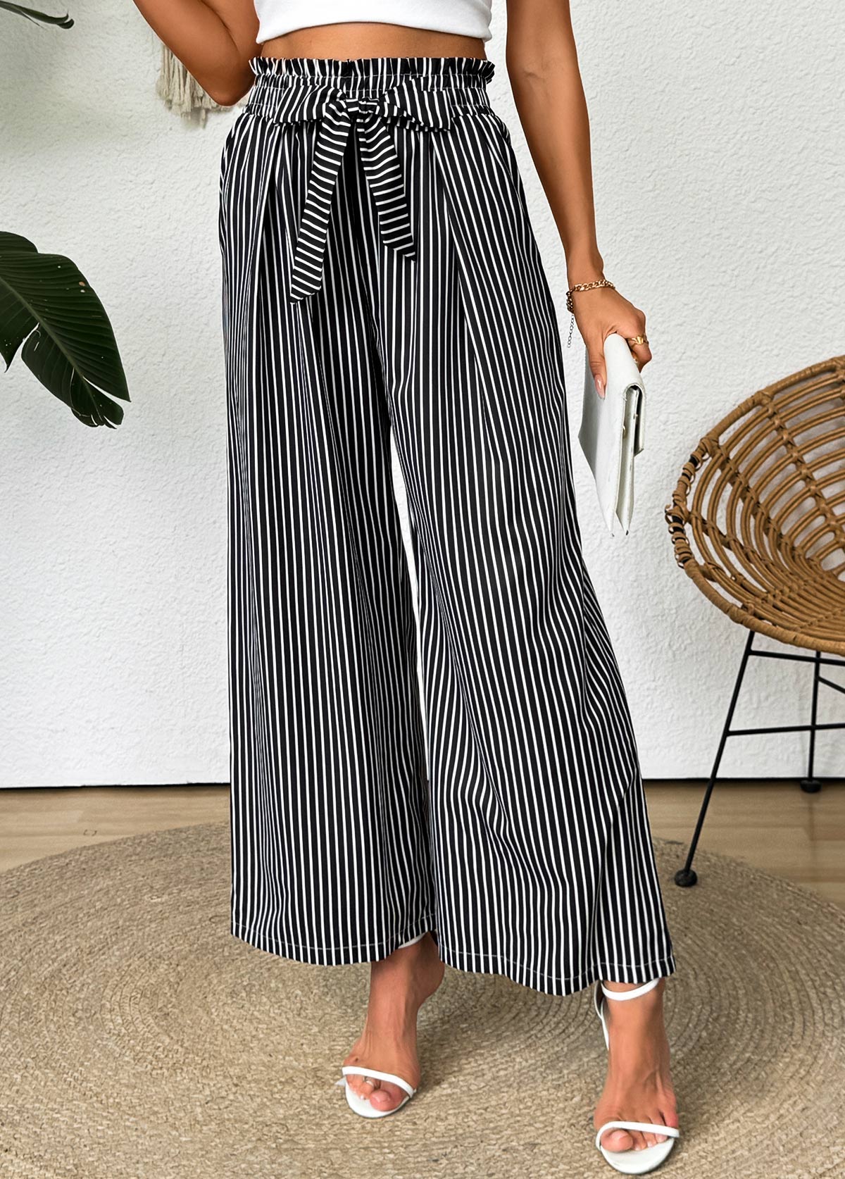 Striped Dark Grey Wide Leg Elastic Waist Pants