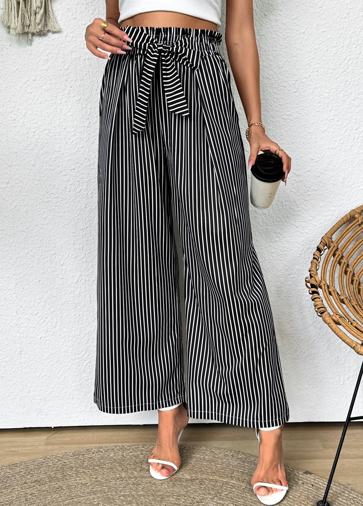 Striped Dark Grey Wide Leg Elastic Waist Pants