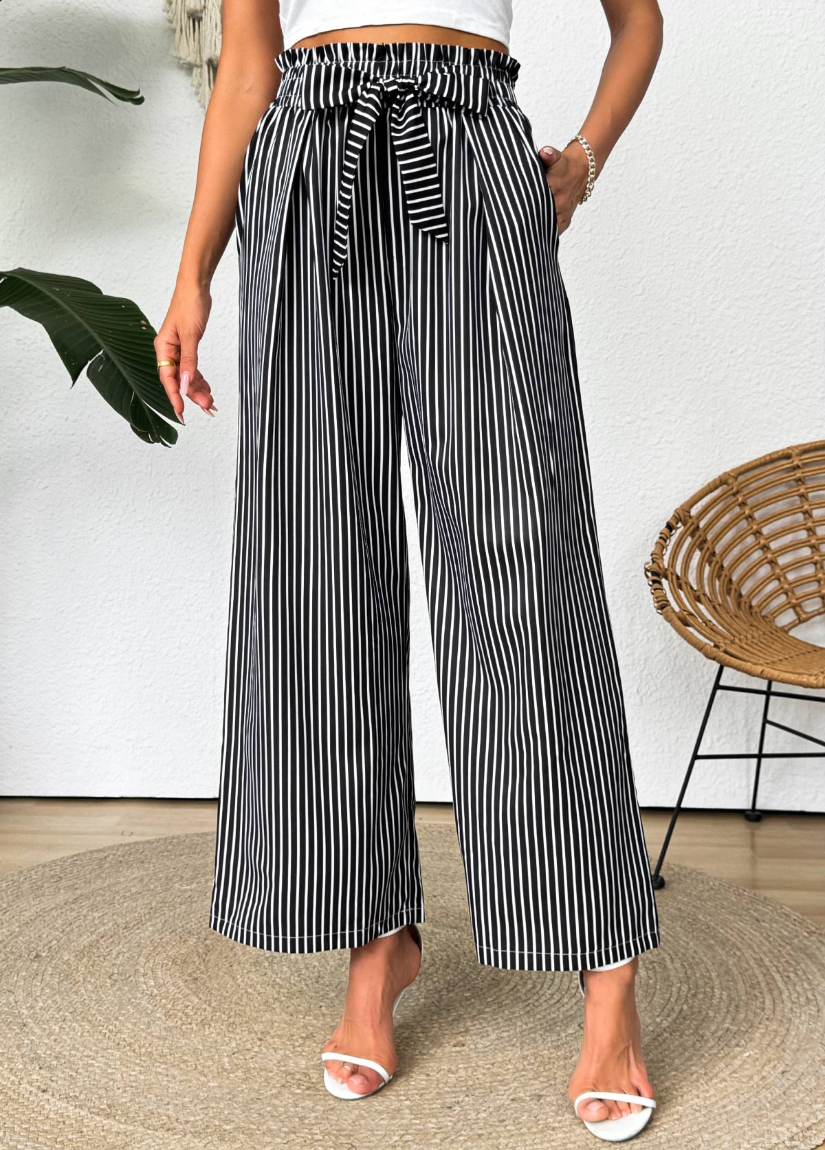 Striped Dark Grey Wide Leg Elastic Waist Pants