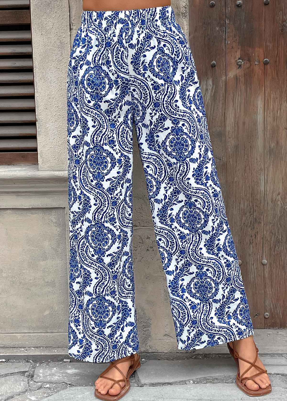 Tribal Print Dark Blue Wide Leg Elastic Waist Pants