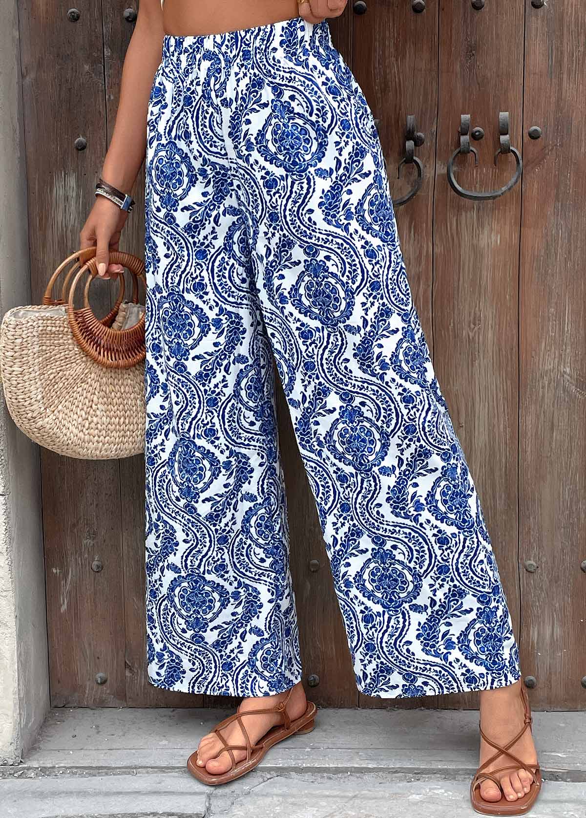 Tribal Print Dark Blue Wide Leg Elastic Waist Pants