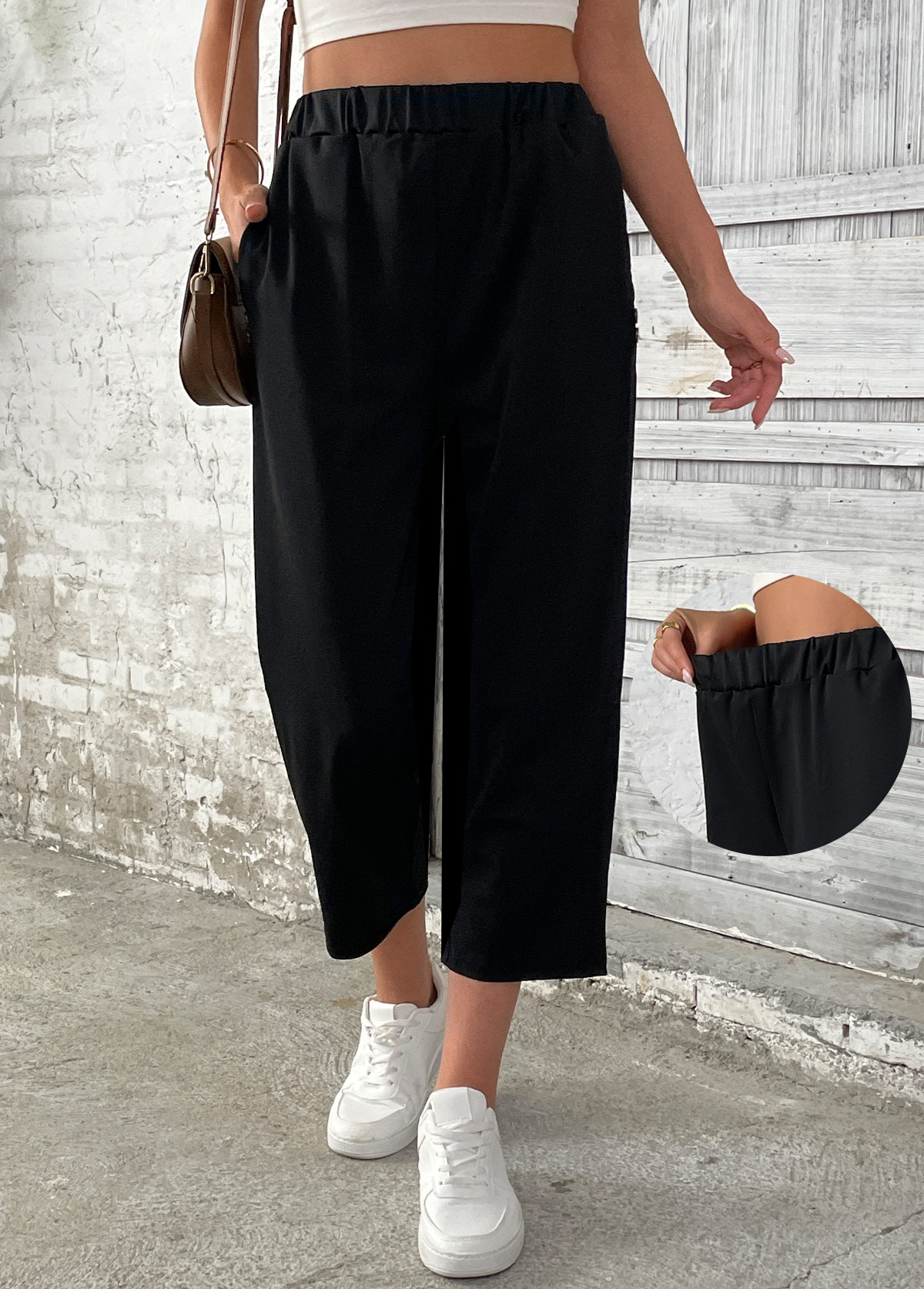 Black Straight Leg Elastic Waist High Waisted Pants