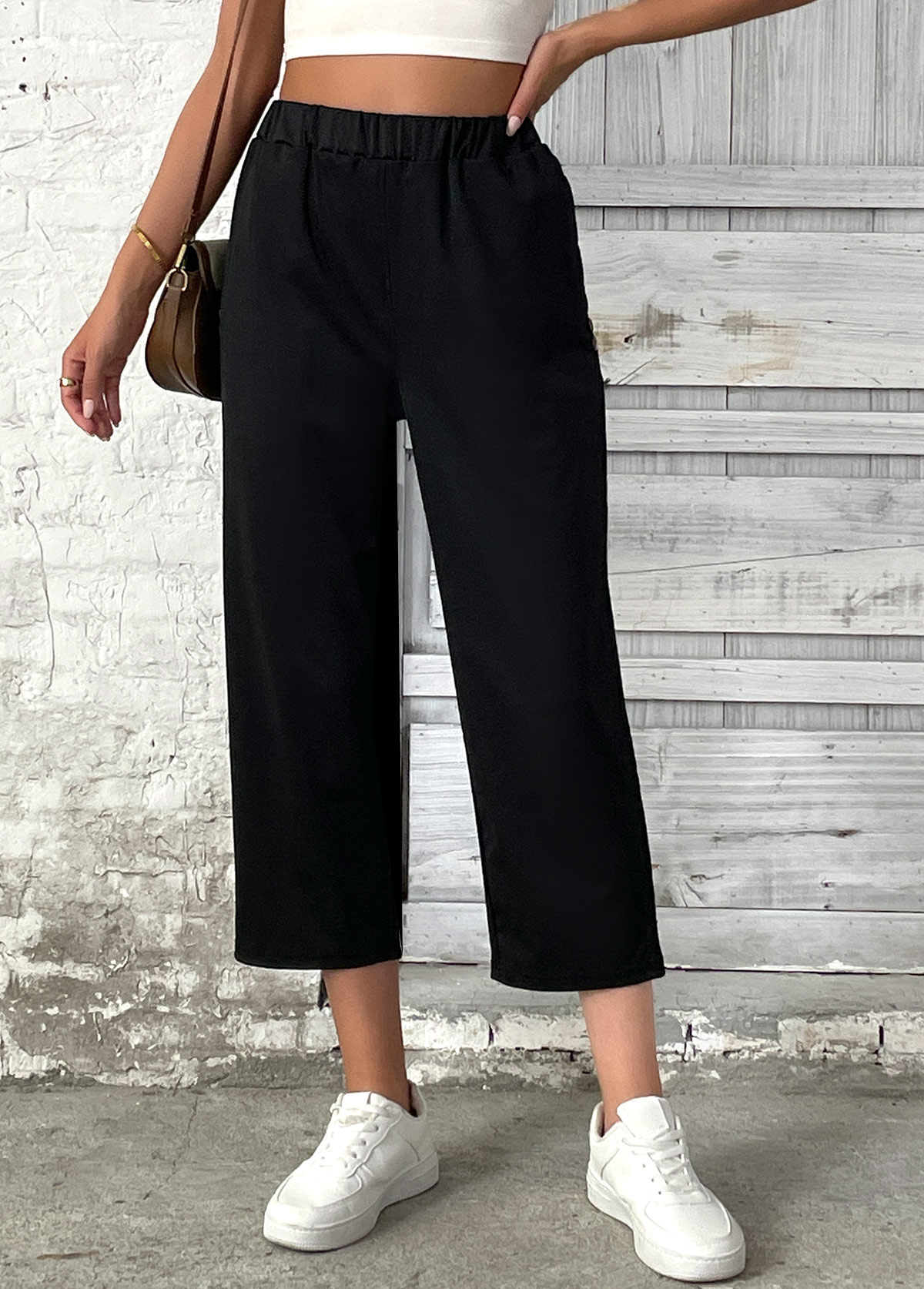 Black Straight Leg Elastic Waist High Waisted Pants