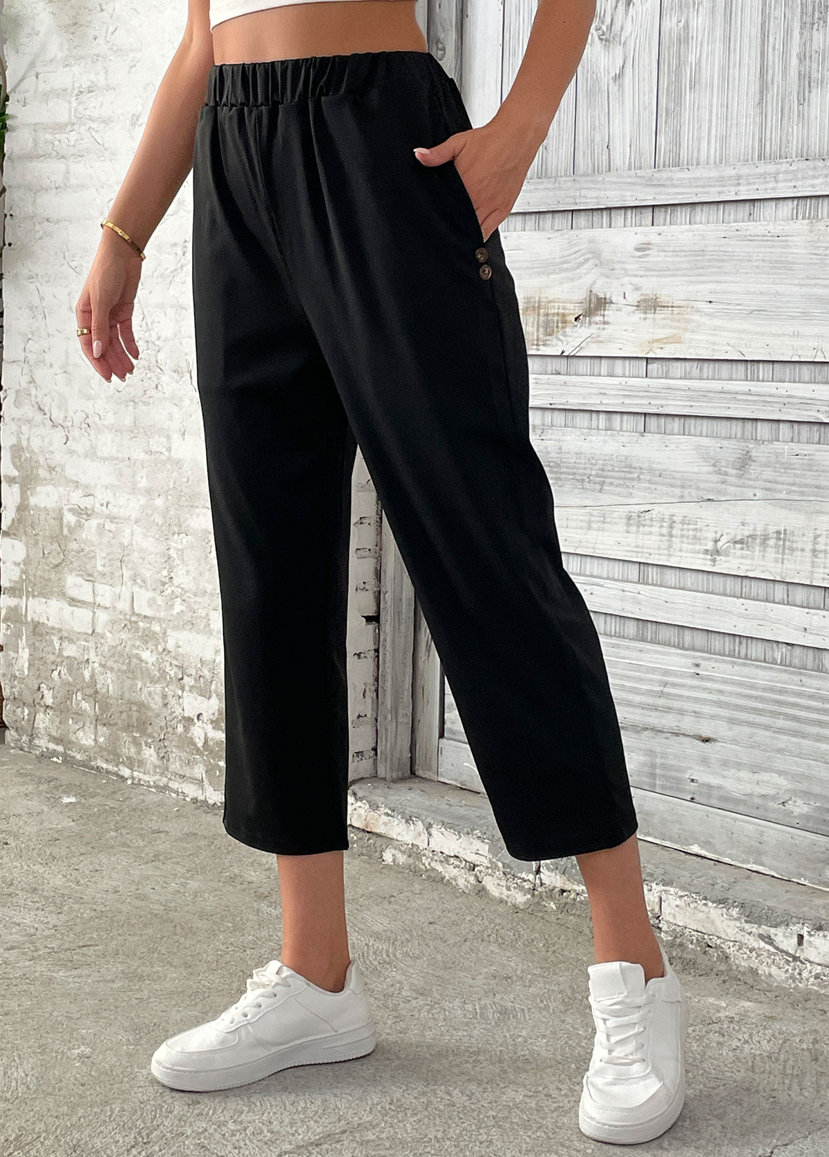 Black Straight Leg Elastic Waist High Waisted Pants