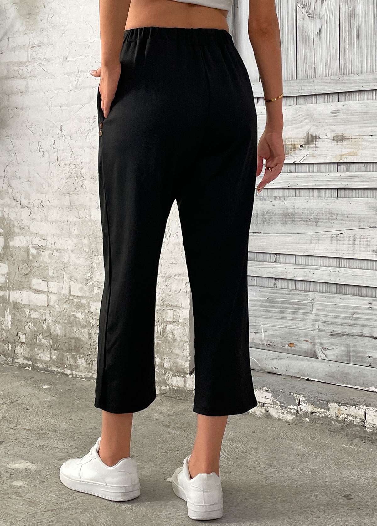 Black Straight Leg Elastic Waist High Waisted Pants