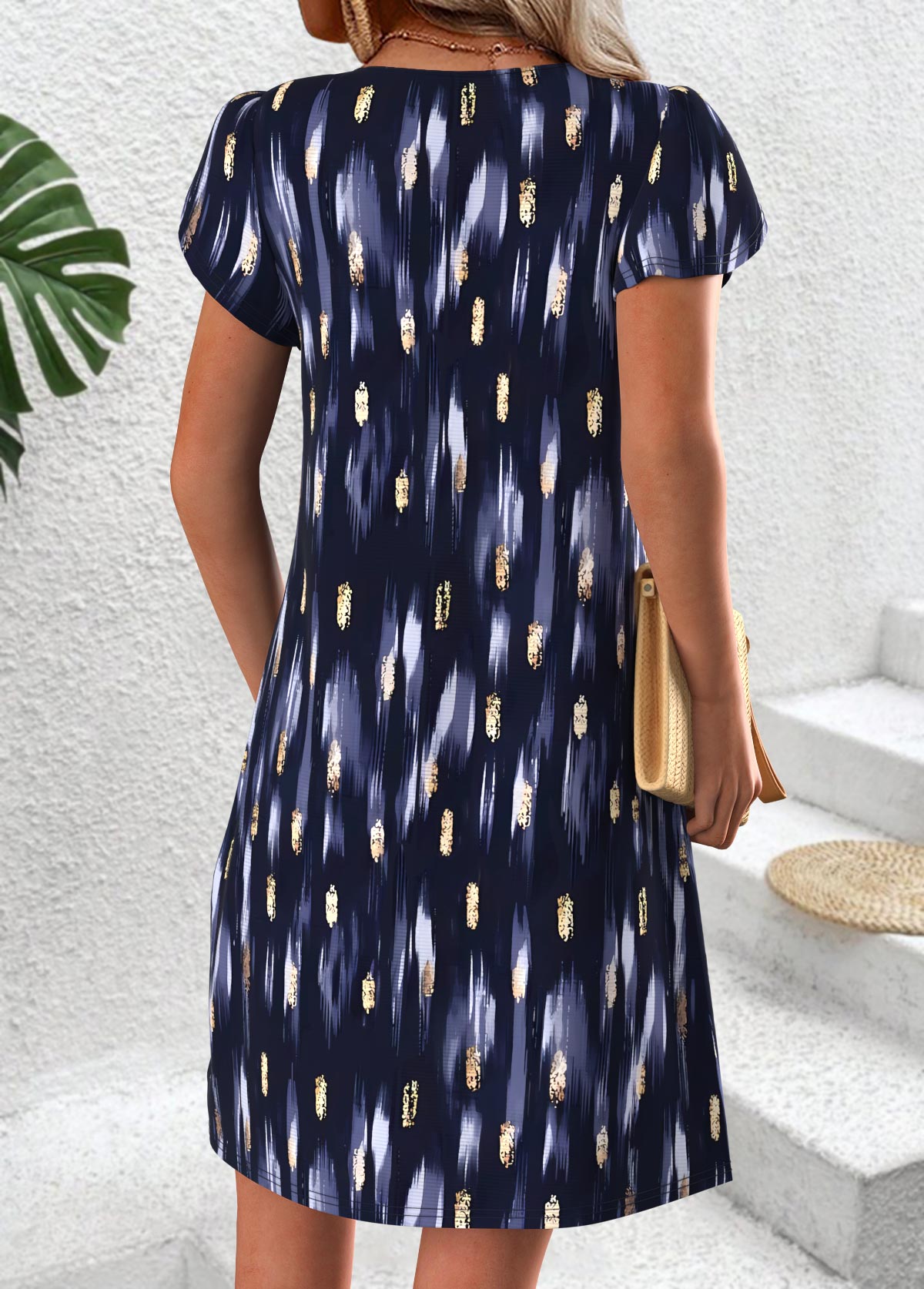 Geometric Print Navy Short Split Neck Dress