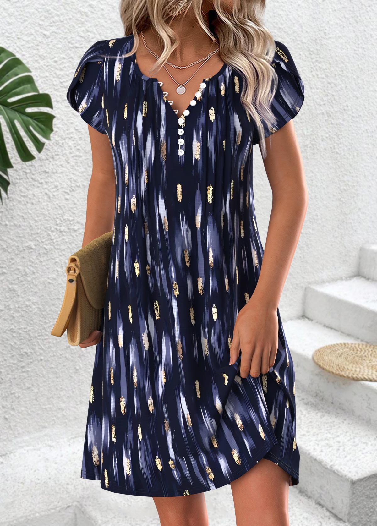Geometric Print Navy Short Split Neck Dress