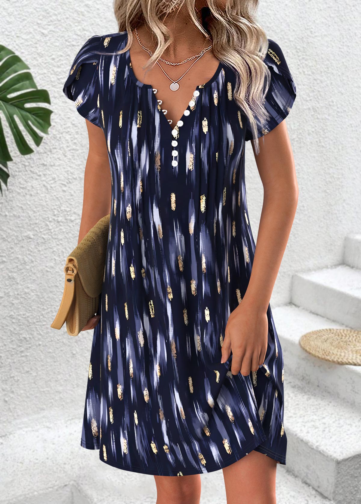Geometric Print Navy Short Split Neck Dress