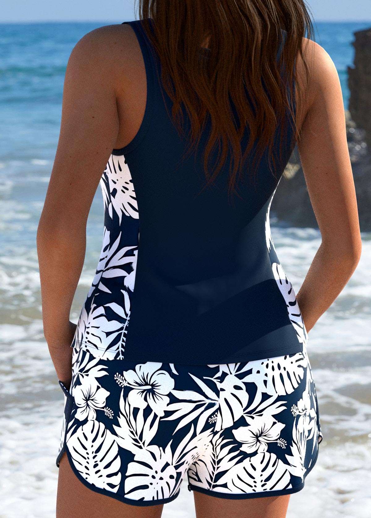 Mid Waisted Floral Print Navy Tankini Set