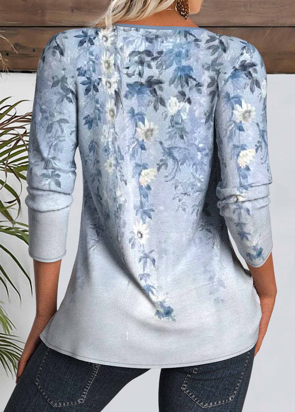 Floral Print Light Blue Long Sleeve T Shirt