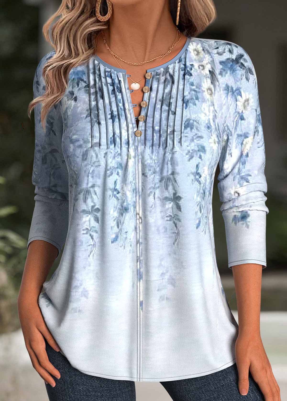 Floral Print Light Blue Long Sleeve T Shirt