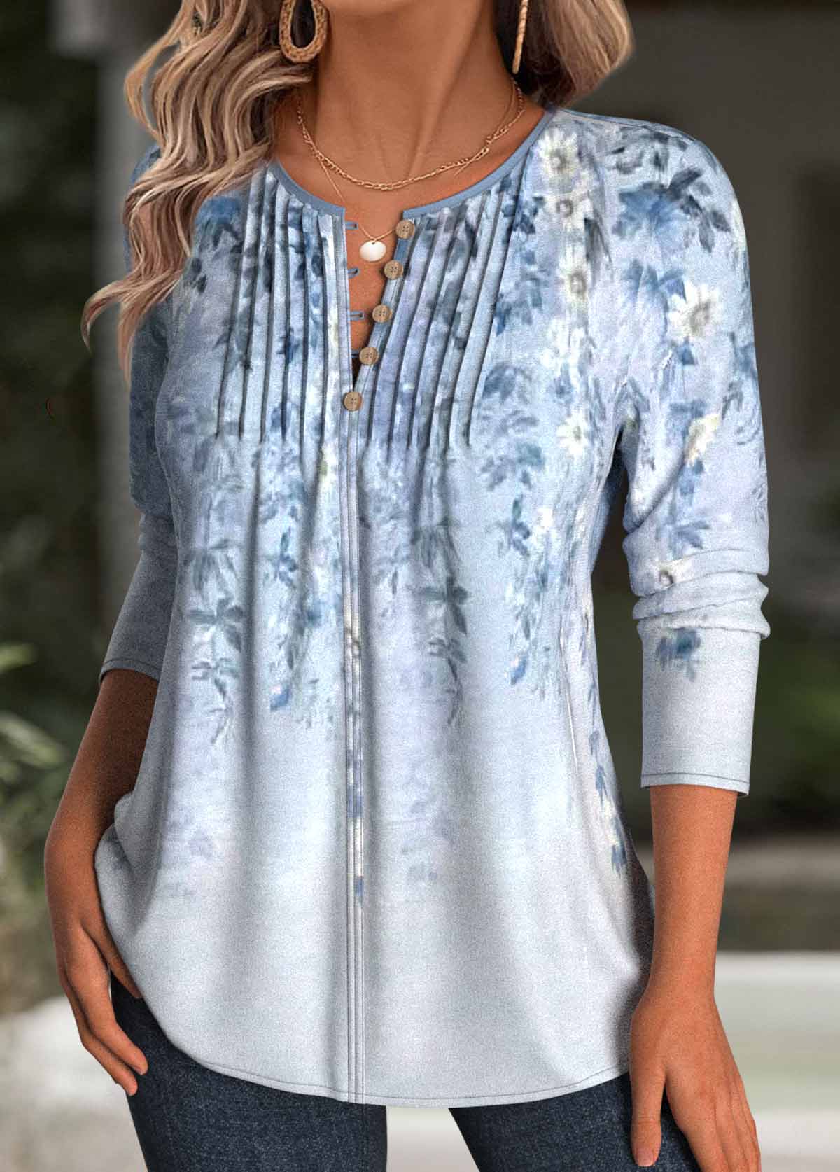 Floral Print Light Blue Long Sleeve T Shirt