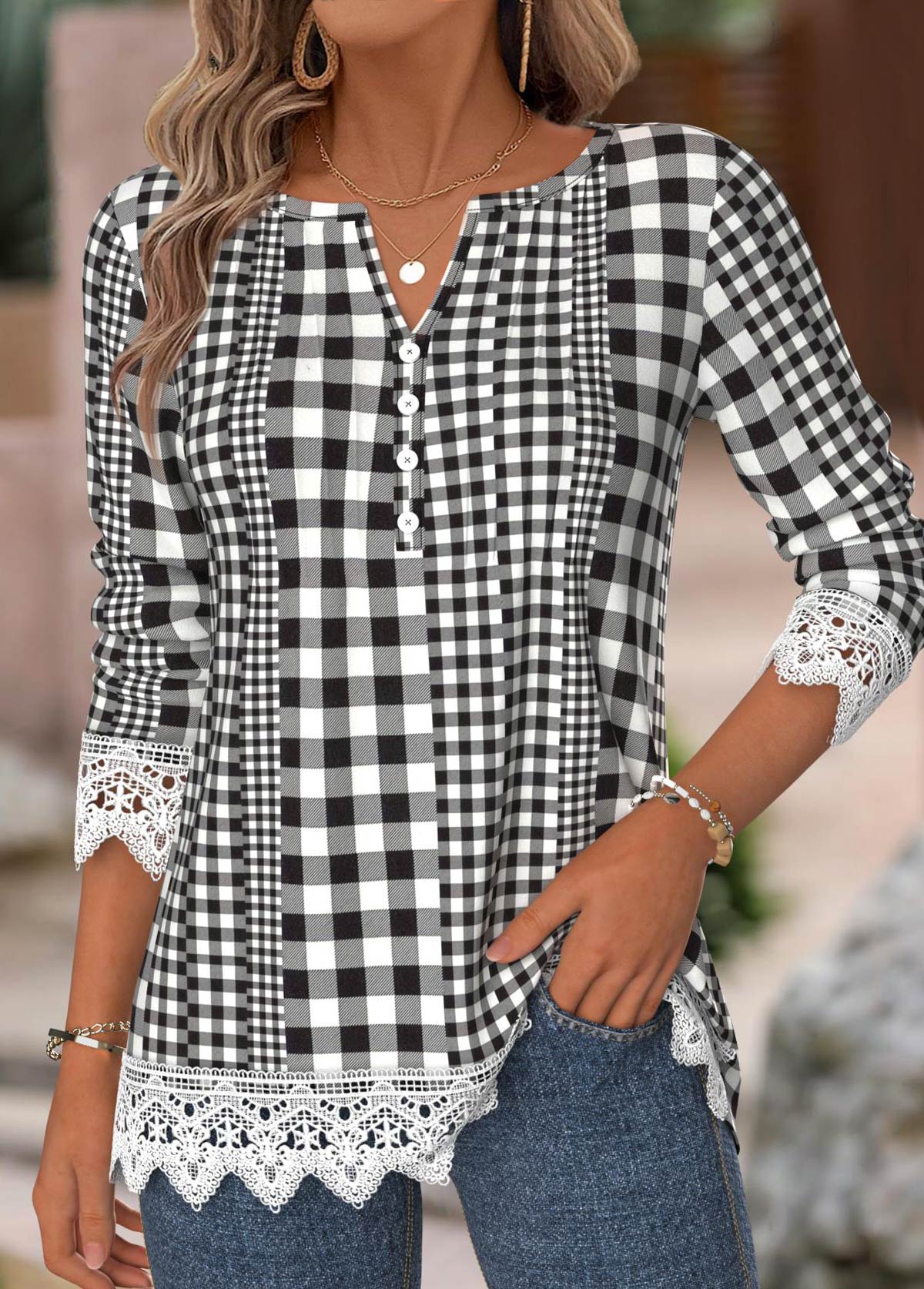 Gingham Print Black Long Sleeve Split Neck T Shirt