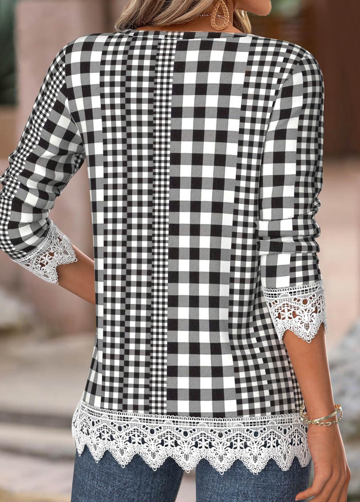 Gingham Print Black Long Sleeve Split Neck T Shirt