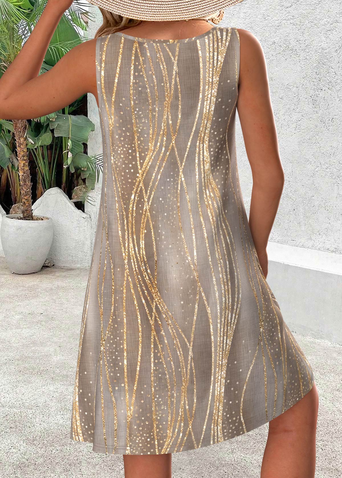 Moire Print Gray Brown Sleeveless Round Neck Dress