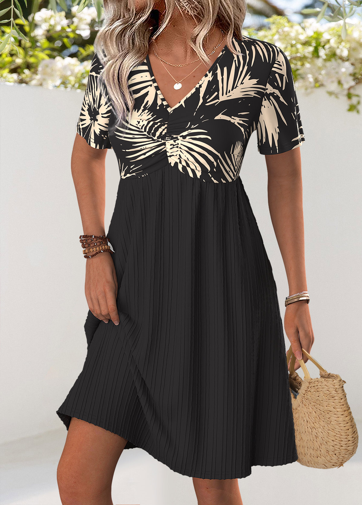 Leaf Print Black Short V Neck Dress
