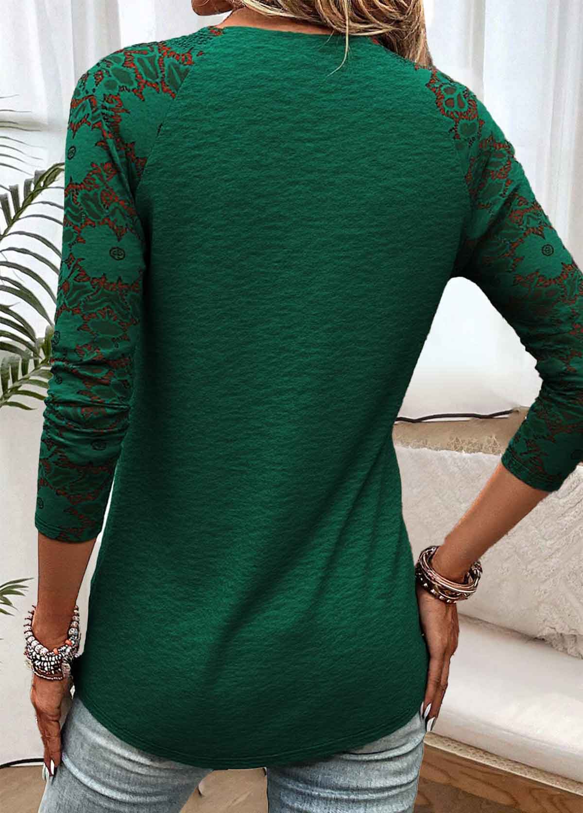Blackish Green Long Sleeve V Neck T Shirt