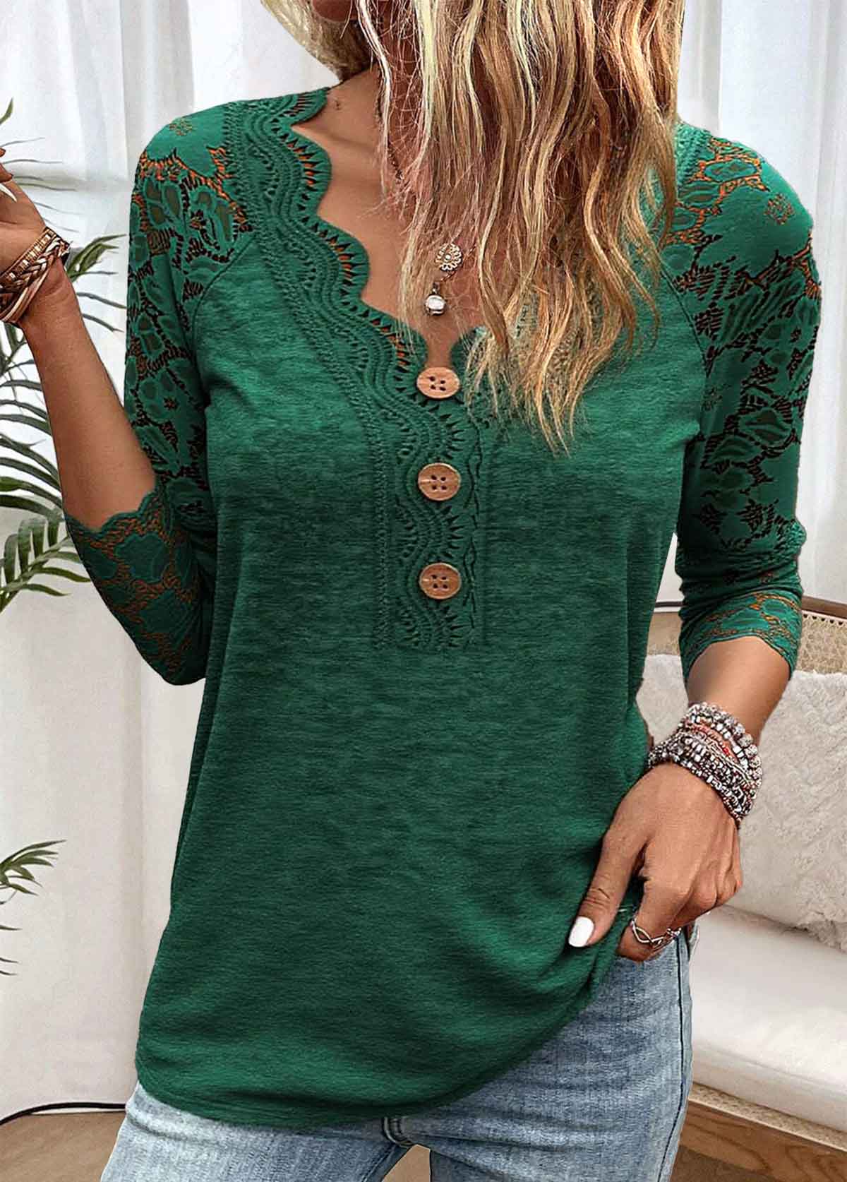 Blackish Green Long Sleeve V Neck T Shirt