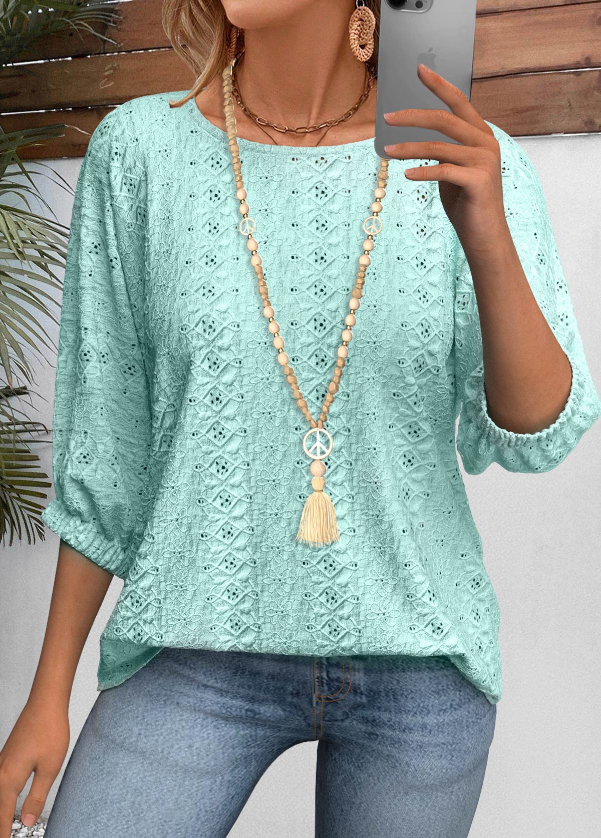 Cyan 3/4 Sleeve Round Neck Blouse