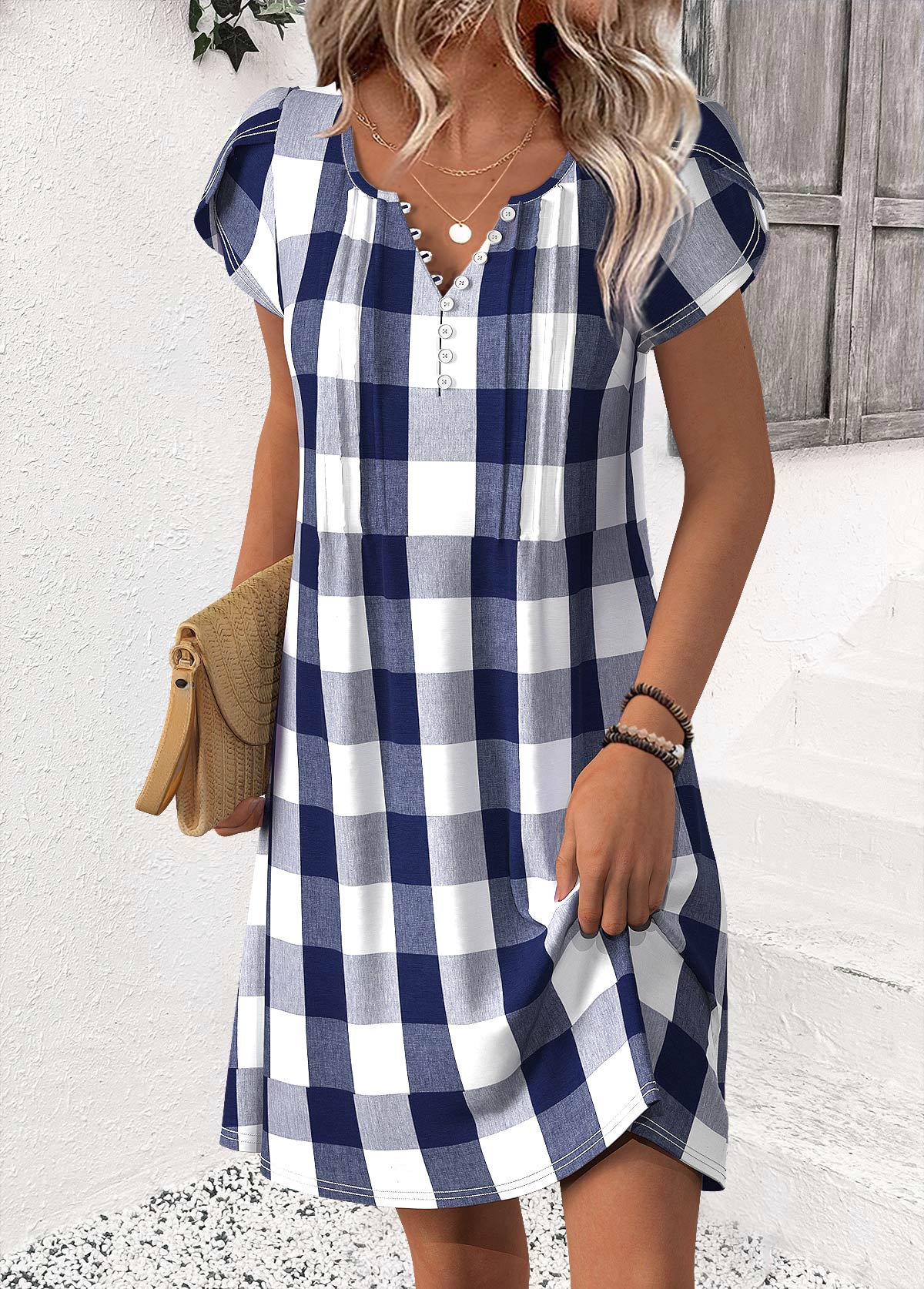 Plaid Blue Short Split Neck Dress