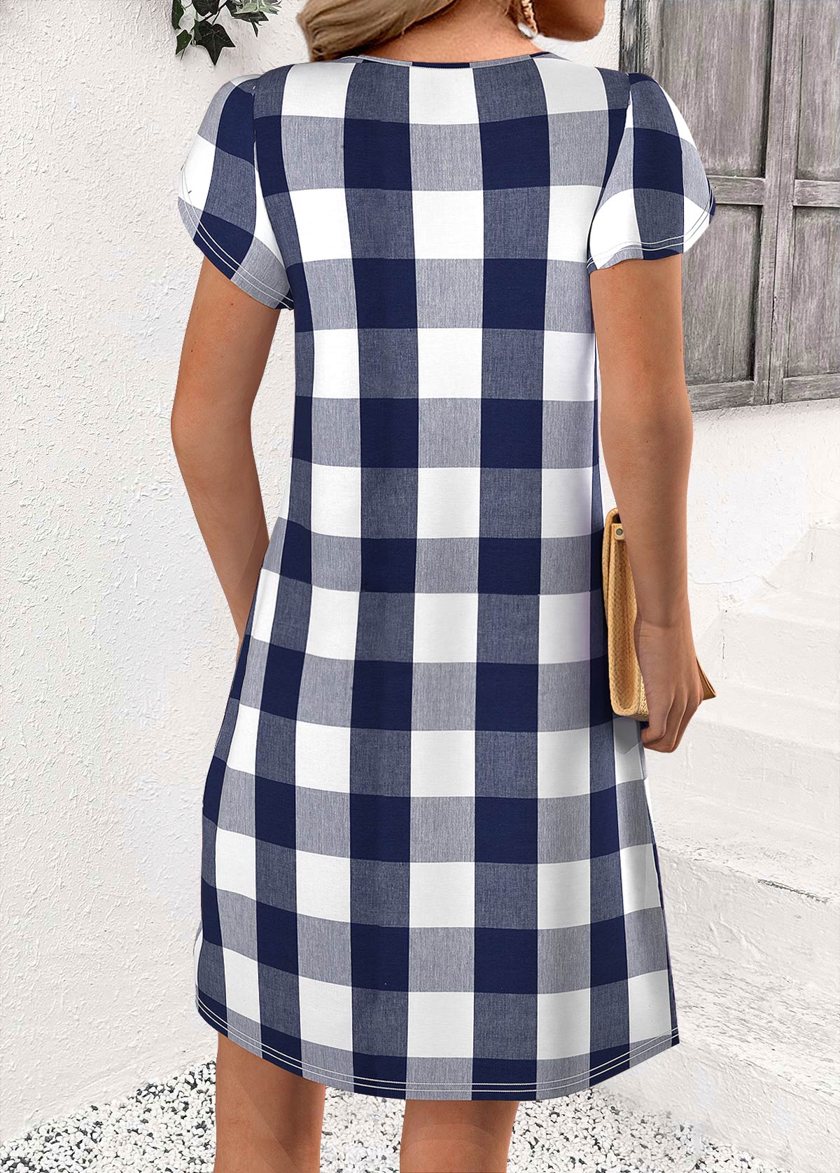 Plaid Blue Short Split Neck Dress