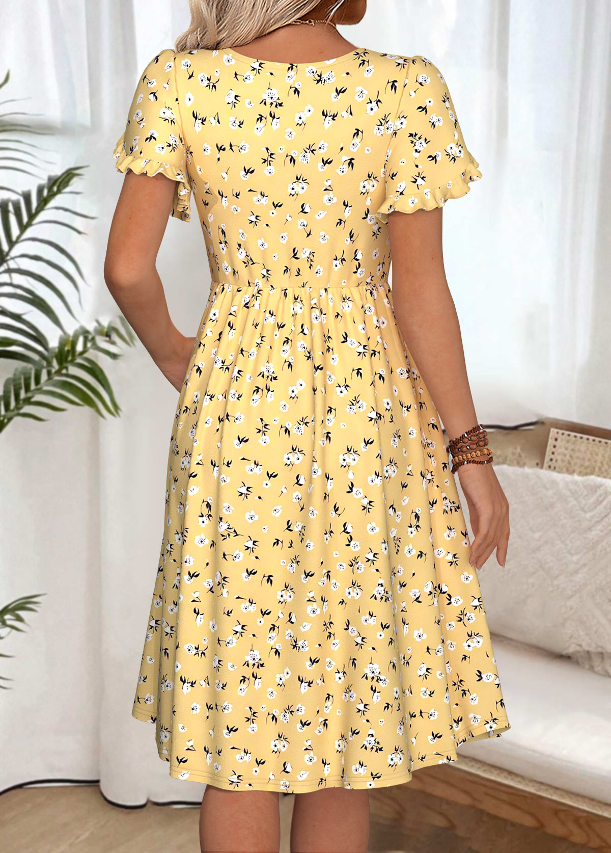 Ditsy Floral Print Yellow Short Sleeve Boat Neck Dress