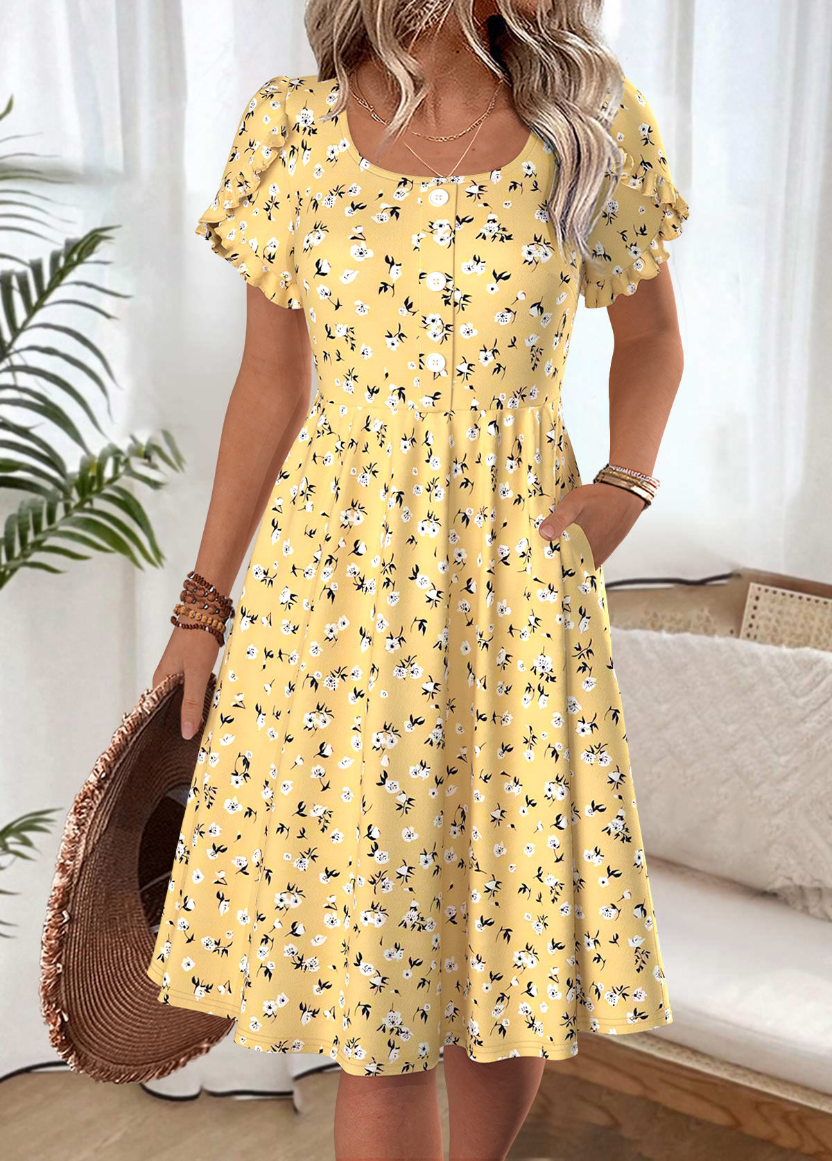 Ditsy Floral Print Yellow Short Sleeve Boat Neck Dress