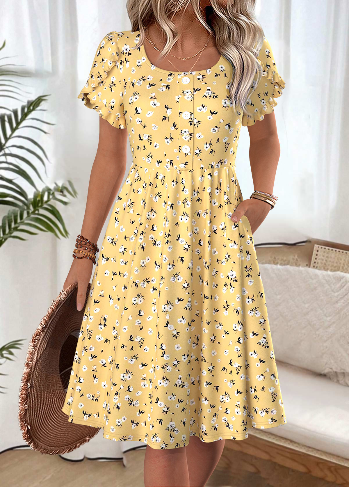 Ditsy Floral Print Yellow Short Sleeve Boat Neck Dress