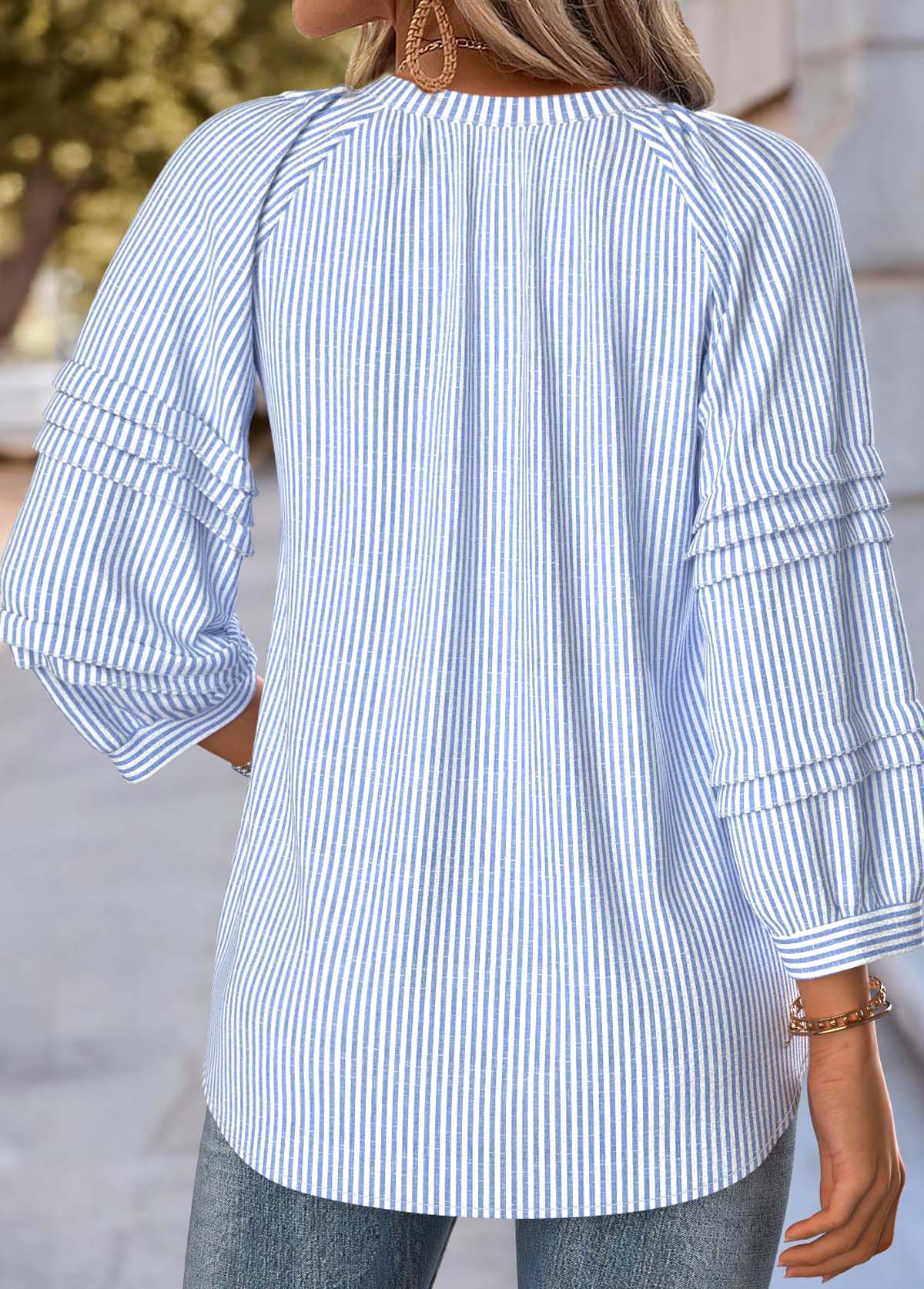 Striped Blue 3/4 Sleeve Split Neck Blouse