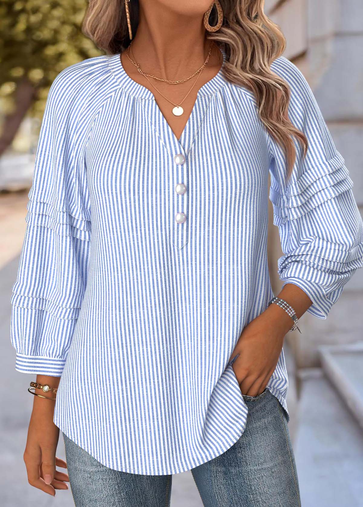 Striped Blue 3/4 Sleeve Split Neck Blouse