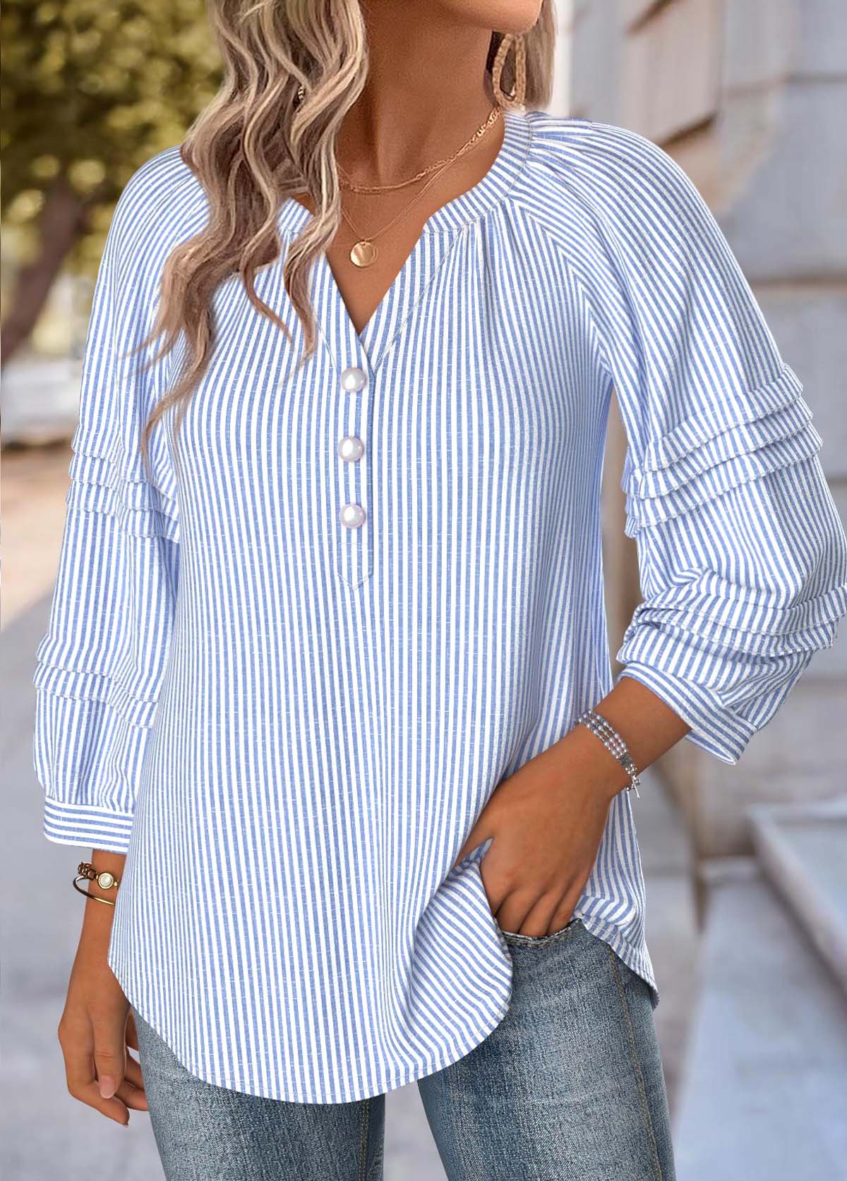 Striped Blue 3/4 Sleeve Split Neck Blouse