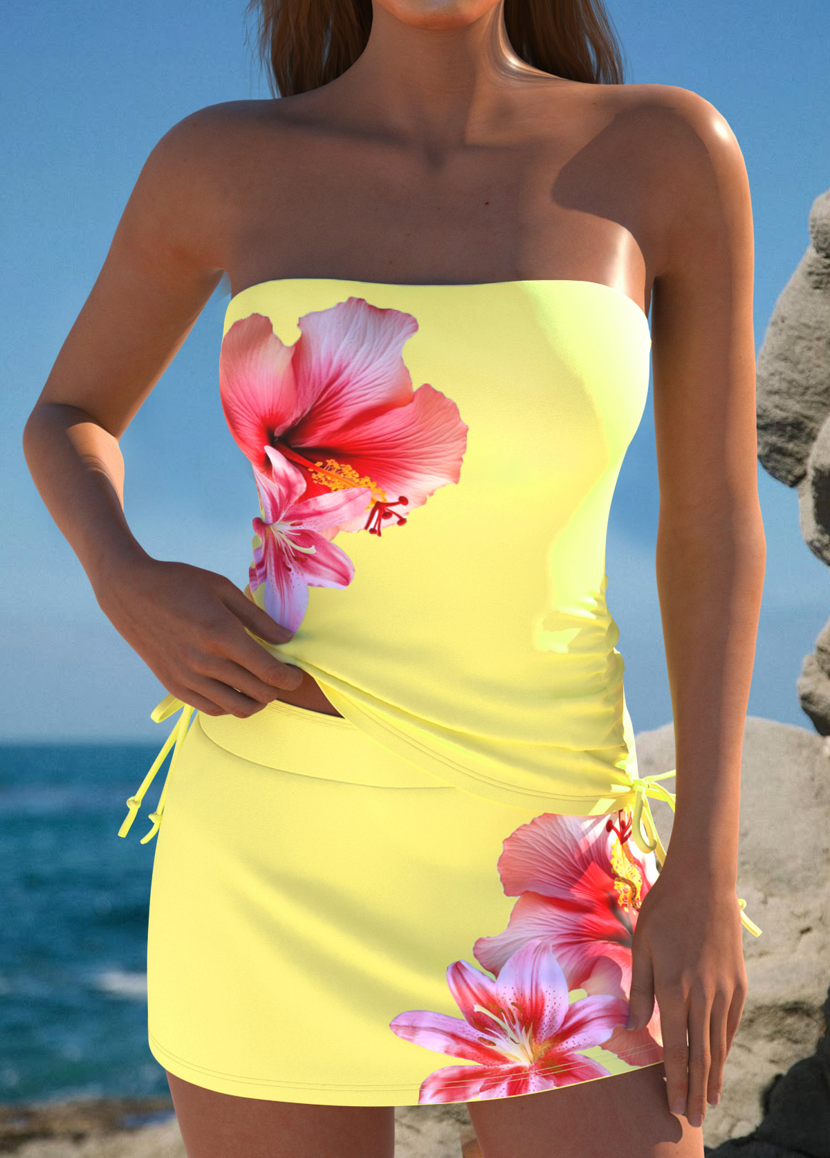 Mid Waisted Floral Print Yellow Tankini Set