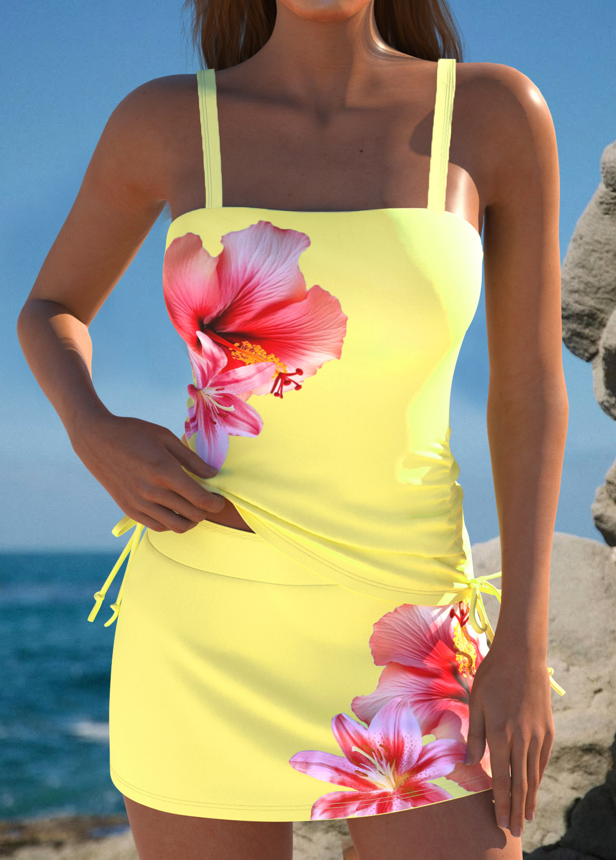 Mid Waisted Floral Print Yellow Tankini Set