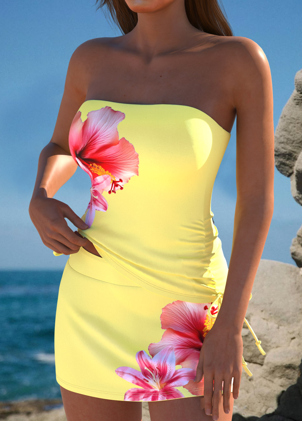 Mid Waisted Floral Print Yellow Tankini Set