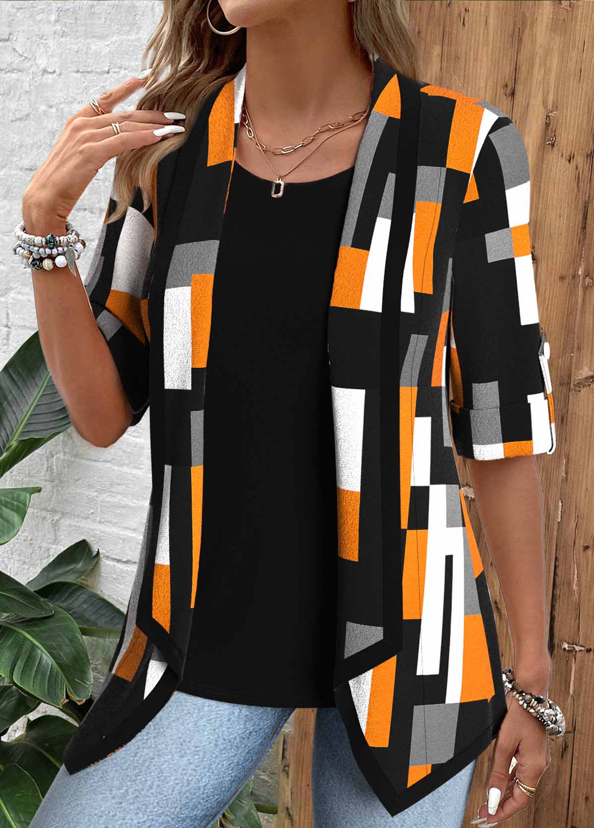 Geometric Print Black Half Sleeve Fake Two Piece Twinset