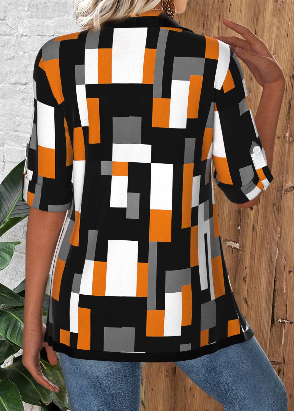 Geometric Print Black Half Sleeve Fake Two Piece Twinset