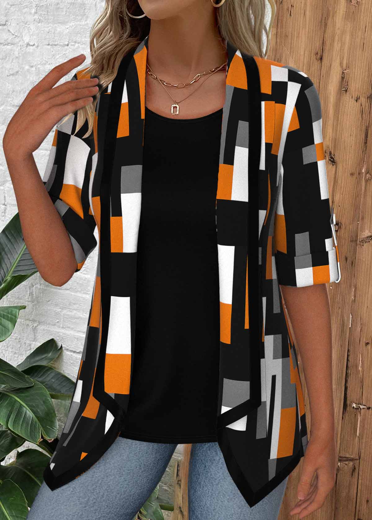 Geometric Print Black Half Sleeve Fake Two Piece Twinset