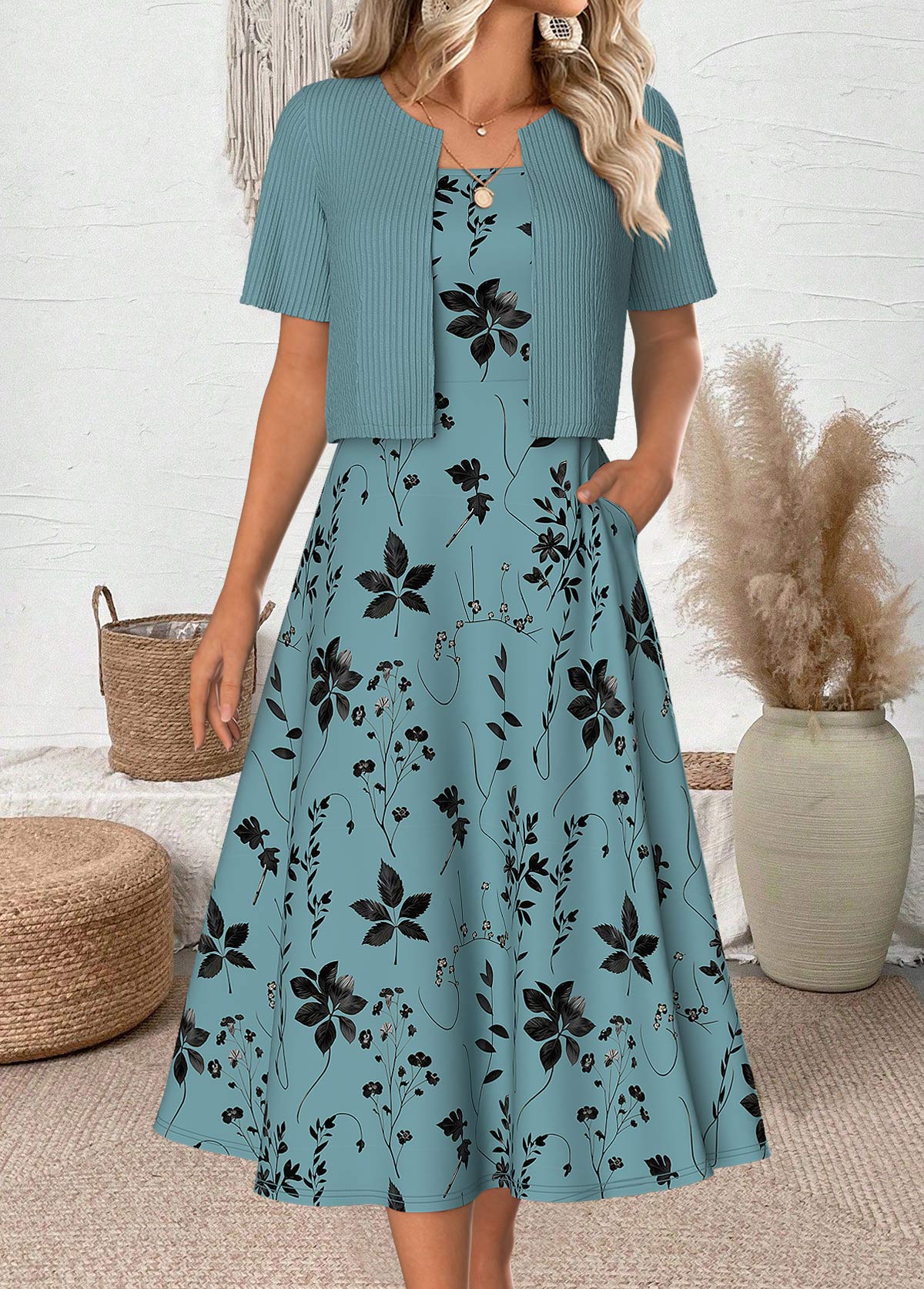 Leaf Print Cyan 3/4 Sleeve Dress and Cardigan