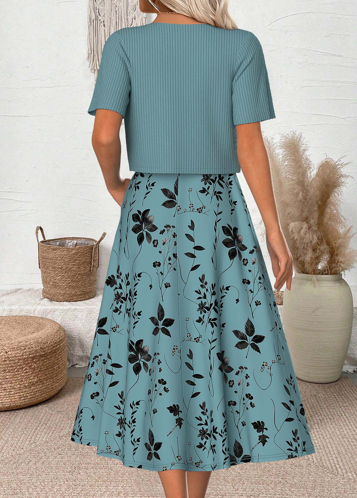 Leaf Print Cyan 3/4 Sleeve Dress and Cardigan