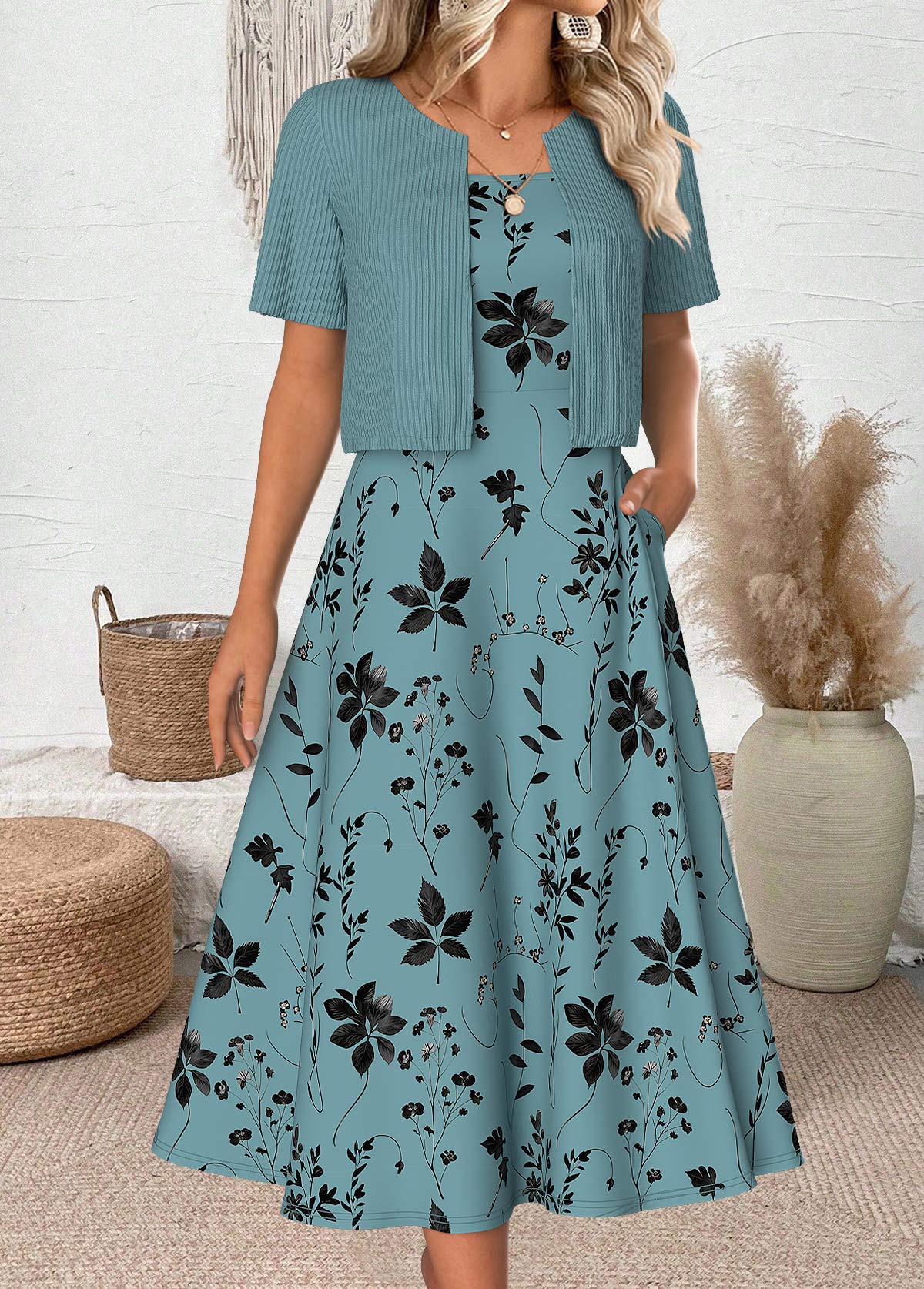Leaf Print Cyan 3/4 Sleeve Dress and Cardigan