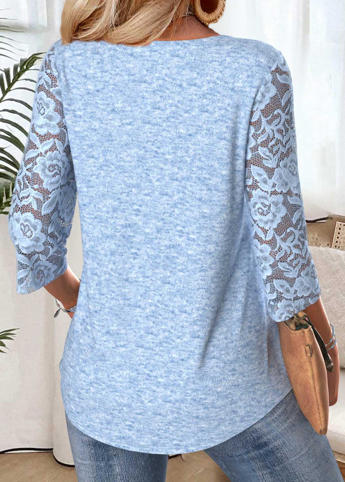 Light Blue 3/4 Sleeve Round Neck T Shirt